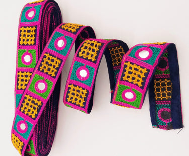 Indian Navy Blue Cotton Fabric Mirror Trim Embroidered in Pink, Yellow, Green and Cyan